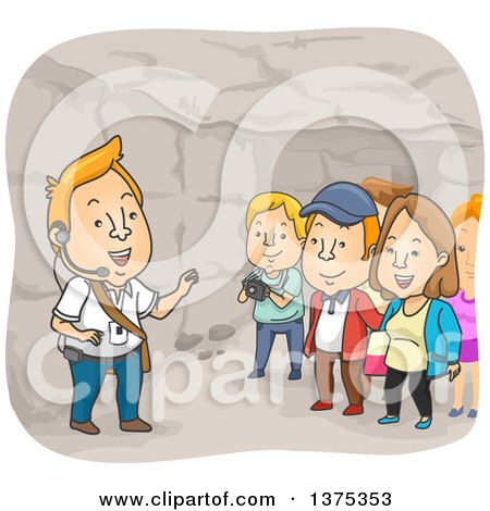 Clipart of a Tour Guide and Tourists in the Catacombs - Royalty Free Vector Illustration by BNP Design Studio
