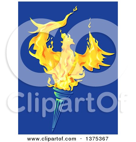 Clipart of a Fiery Phoenix Bird Rising from a Torch on Blue - Royalty Free Vector Illustration by BNP Design Studio