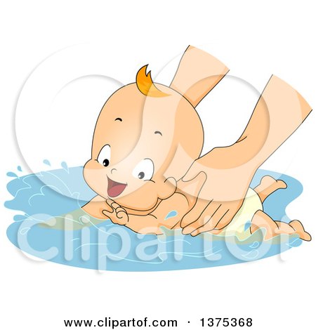 Clipart of a Red Haired White Baby Boy Playing in Water During a Swimming Lesson - Royalty Free Vector Illustration by BNP Design Studio