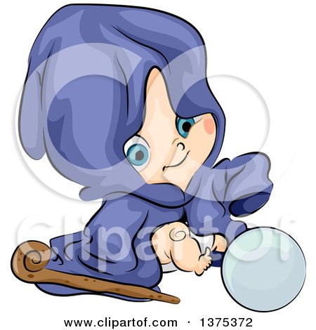Clipart of a White Baby Boy in a Wizard Clock, Sitting with a Staff and Crystal Ball - Royalty Free Vector Illustration by BNP Design Studio