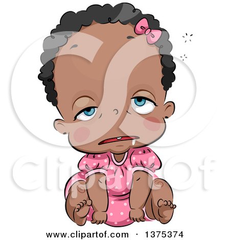 Clipart of a Tired Black Baby Girl About to Fall Asleep Sitting up - Royalty Free Vector Illustration by BNP Design Studio