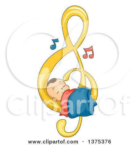 Clipart of a Brunette White Baby Boy Sleeping on a Music Note - Royalty Free Vector Illustration by BNP Design Studio