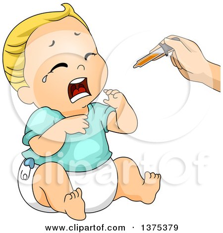 Clipart of a Blond White Baby Boy Crying Whiel Being Given Medicine with a Dropper - Royalty Free Vector Illustration by BNP Design Studio