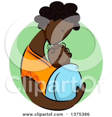 Clipart of a Sketched African Mother Kissing and Holding Her Newborn Baby, over a Green Circle - Royalty Free Vector Illustration by BNP Design Studio