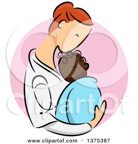 Clipart of a Sketched Red Haired White Female Pediatric Doctor Holding a Black Newborn Baby in Her Arms, over a Pink Circle - Royalty Free Vector Illustration by BNP Design Studio