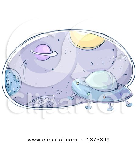 Clipart of a Sketched Oval with Planets and a Ufo - Royalty Free Vector Illustration by BNP Design Studio