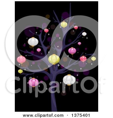 Clipart of Colorful Chinese Lanterns on a Tree over Black - Royalty Free Vector Illustration by BNP Design Studio