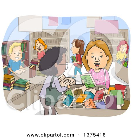 Clipart of Happy Adults Shopping at a Book Bazaar - Royalty Free Vector Illustration by BNP Design Studio