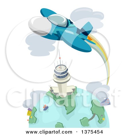 Clipart of a Fighter Jet Flying over a Tower and Earth - Royalty Free Vector Illustration by BNP Design Studio