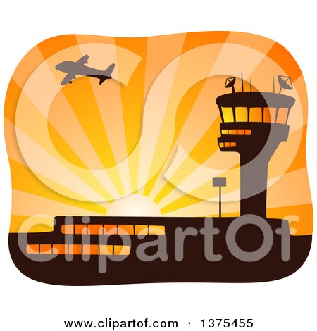 Clipart of a Silhouetted Airplane Flying over a Control Tower and Airport at Sunset - Royalty Free Vector Illustration by BNP Design Studio