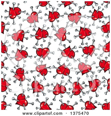 Clipart of a Seamless Background Pattern of Red Hearts with Nails - Royalty Free Vector Illustration by Vector Tradition SM