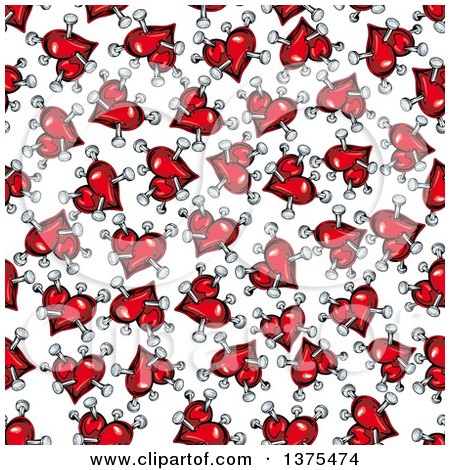 Clipart of a Seamless Background Pattern of Red Hearts with Nails - Royalty Free Vector Illustration by Vector Tradition SM