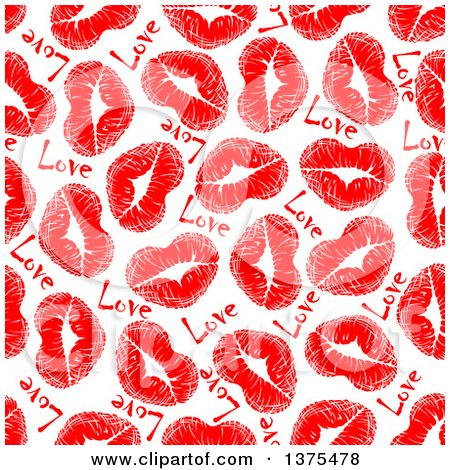 Clipart of a Seamless Background Pattern of Red Lipstick Kiss Hearts and Love Text - Royalty Free Vector Illustration by Vector Tradition SM