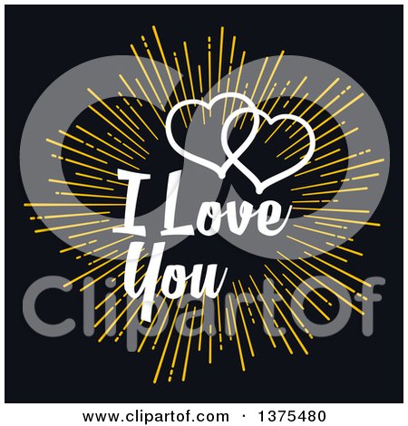 Clipart of a Golden Burst with I Love You Text and Hearts over Black - Royalty Free Vector Illustration by Vector Tradition SM