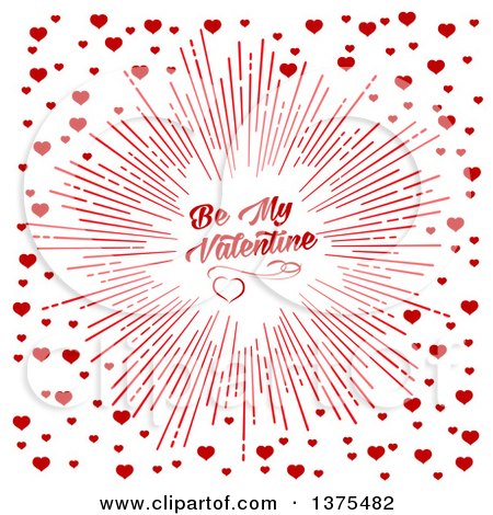 Clipart of a Red Burst with Be My Valentine Text and Hearts over White - Royalty Free Vector Illustration by Vector Tradition SM