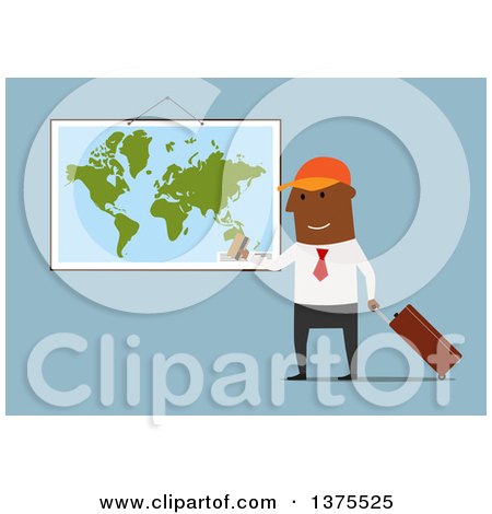 Clipart of a Flat Design Black Business Man Ready for a Vacation, on Blue - Royalty Free Vector Illustration by Vector Tradition SM