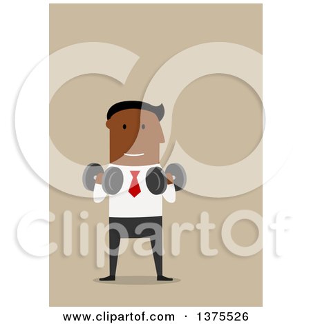 Clipart of a Flat Design Black Business Man Working Out, on Tan - Royalty Free Vector Illustration by Vector Tradition SM