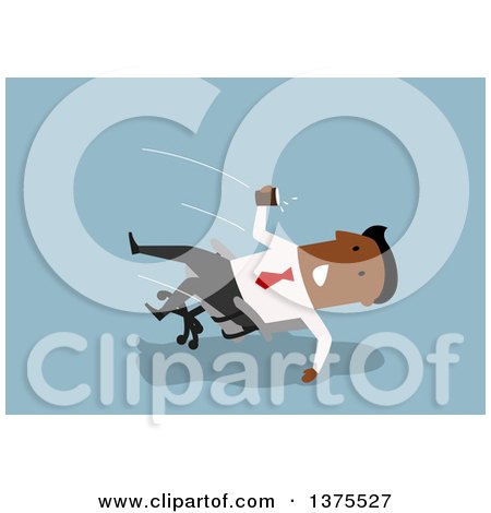 Clipart of a Flat Design Black Business Man Falling Back in an Office Chair, on Blue - Royalty Free Vector Illustration by Vector Tradition SM