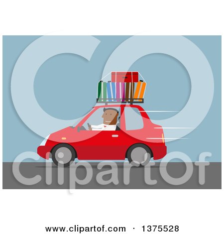 Clipart of a Flat Design Black Business Man Driving a Car with Luggage on Top, on a Blue Background - Royalty Free Vector Illustration by Vector Tradition SM