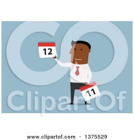 Clipart of a Flat Design Black Business Man Holding Calendars, on Blue - Royalty Free Vector Illustration by Vector Tradition SM