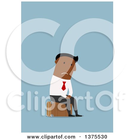 Clipart of a Flat Design Black Business Man Looking Sad and Sitting on Luggage, on Blue - Royalty Free Vector Illustration by Vector Tradition SM