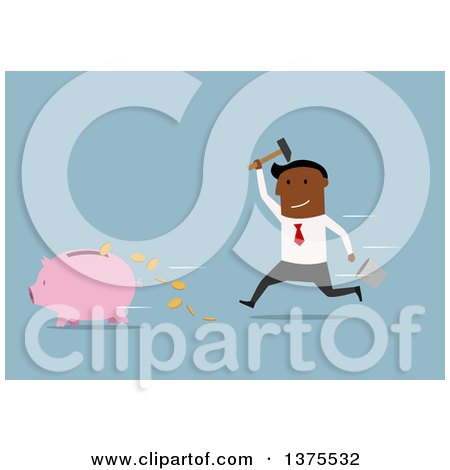 Clipart of a Flat Design Black Business Man Chasing a Piggy Bank with a Hammer, on Blue - Royalty Free Vector Illustration by Vector Tradition SM
