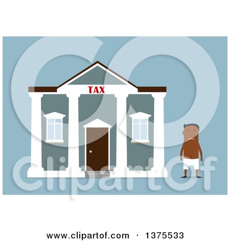 Clipart of a Flat Design Nearly Nude Black Business Man Stripped After Paying Taxes, on Blue - Royalty Free Vector Illustration by Vector Tradition SM