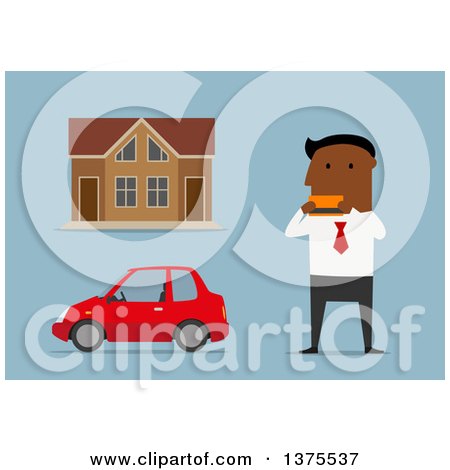 Clipart of a Flat Design Black Business Man Holding a Credit Car by a House and Car, on Blue - Royalty Free Vector Illustration by Vector Tradition SM