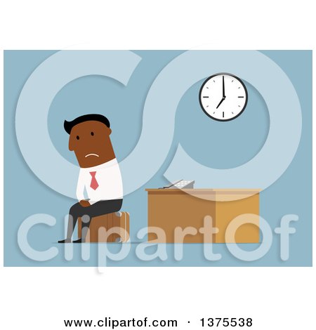 Clipart of a Flat Design Black Business Man Looking Sad and Sitting on Luggage in an Office, on Blue - Royalty Free Vector Illustration by Vector Tradition SM