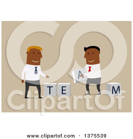 Clipart of Flat Design Black Business Men Assembling Team Blocks, on Blue - Royalty Free Vector Illustration by Vector Tradition SM