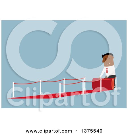 Clipart of a Flat Design Black Business Man Rolling out a Red Carpet, on Blue - Royalty Free Vector Illustration by Vector Tradition SM