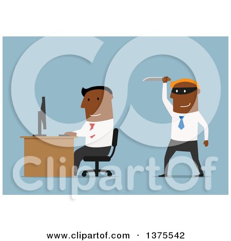 Clipart of a Flat Design Black Business Man Ready to Stab Another in the Back, on Blue - Royalty Free Vector Illustration by Vector Tradition SM