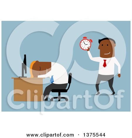 Clipart of a Flat Design Black Business Man Sleeping at His Desk, His Boss Holding up a Clock, on Blue - Royalty Free Vector Illustration by Vector Tradition SM