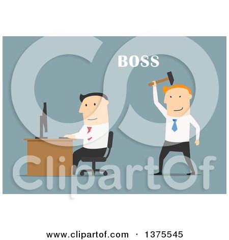 Clipart of a Flat Design White Business Man Boss Sneaking up on an Employee with a Hammer, on Blue - Royalty Free Vector Illustration by Vector Tradition SM