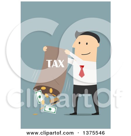 Clipart of a Flat Design White Business Man Dumping out a Tax Bag, on Blue - Royalty Free Vector Illustration by Vector Tradition SM
