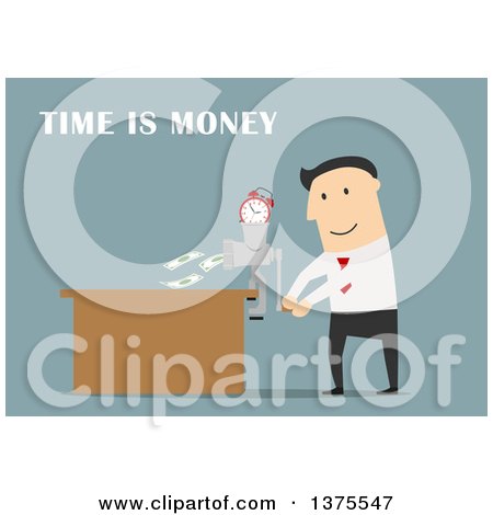 Clipart of a Flat Design White Business Man Grinding Time and Money, on Blue - Royalty Free Vector Illustration by Vector Tradition SM