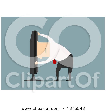 Clipart of a Flat Design White Business Man Climbing Inside a Tv, on Blue - Royalty Free Vector Illustration by Vector Tradition SM