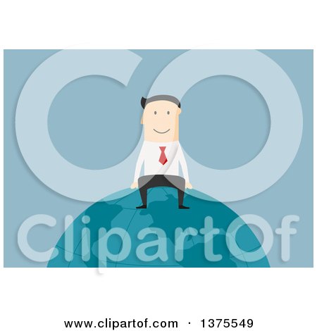 Clipart of a Flat Design White Business Man Sitting on Top of the World, on Blue - Royalty Free Vector Illustration by Vector Tradition SM
