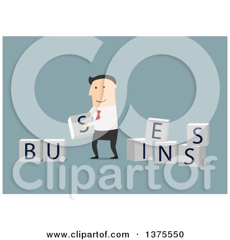 Clipart of a Flat Design White Man Lining up BUSINESS Blocks, on Blue - Royalty Free Vector Illustration by Vector Tradition SM