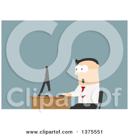 Clipart of a Flat Design White Business Man Reading Something Shocking Online, on Blue - Royalty Free Vector Illustration by Vector Tradition SM