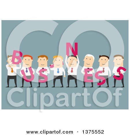 Clipart of a Flat Design White Business Team Holding Success Letters, on Blue - Royalty Free Vector Illustration by Vector Tradition SM