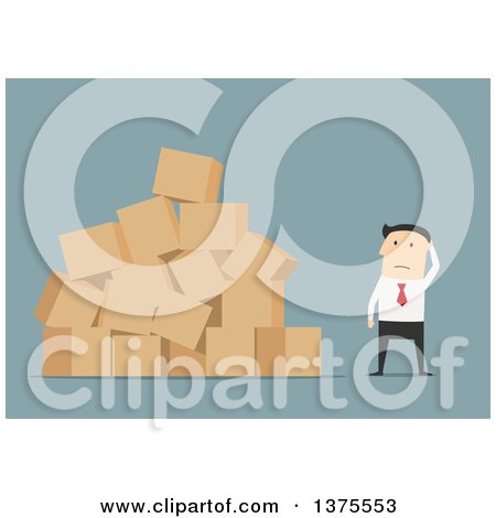 Clipart of a Flat Design White Business Man with a Messy Pile of Boxes, on Blue - Royalty Free Vector Illustration by Vector Tradition SM