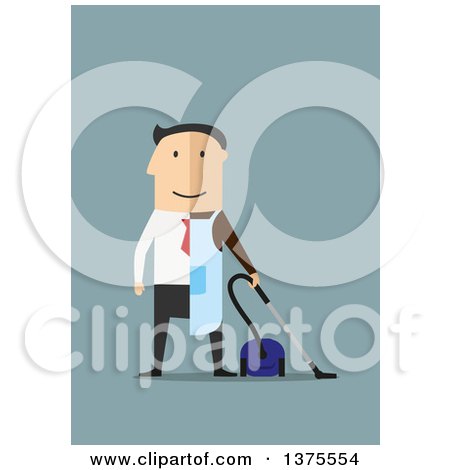 Clipart of a Flat Design White Man Dressed Half in a Suit, Half As a Janitor, on Blue - Royalty Free Vector Illustration by Vector Tradition SM