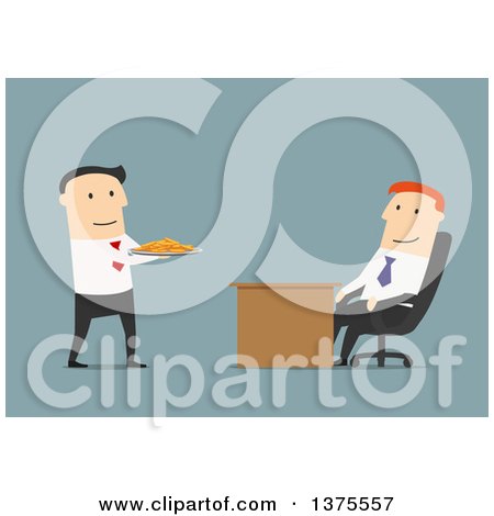 Clipart of a Flat Design White Business Man Sucking up to the Boss, on Blue - Royalty Free Vector Illustration by Vector Tradition SM