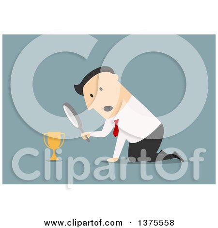 Clipart of a Flat Design White Business Man Inspecting a Trophy, on Blue - Royalty Free Vector Illustration by Vector Tradition SM