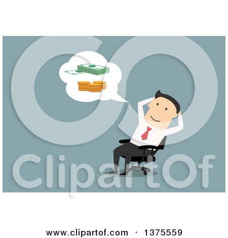 Clipart of a Flat Design White Business Man Sitting in a Chair and Thinking About Money, on Blue - Royalty Free Vector Illustration by Vector Tradition SM