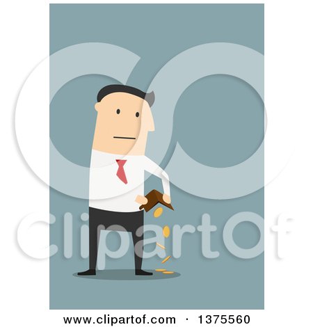 Clipart of a Flat Design White Business Man Emptying out His Wallet, on Blue - Royalty Free Vector Illustration by Vector Tradition SM