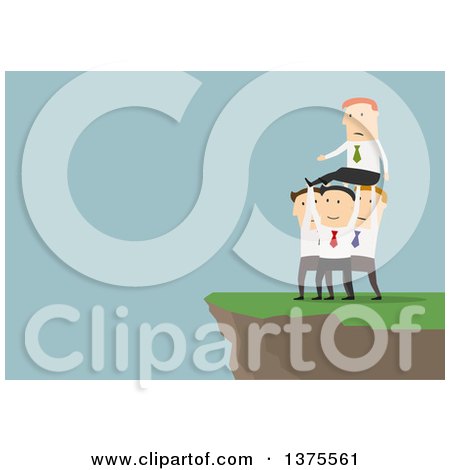 Clipart of a Flat Design White Business Man Being Tossed over a Cliff by His Colleagues, on Blue - Royalty Free Vector Illustration by Vector Tradition SM