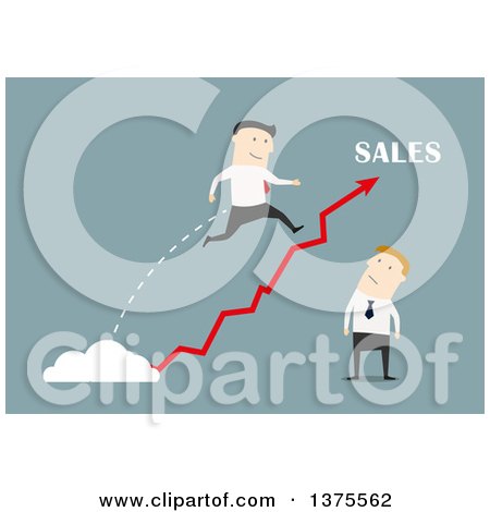 Clipart of a Flat Design White Business Man Leaping over a Bad Salesman, on Blue - Royalty Free Vector Illustration by Vector Tradition SM