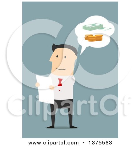 Clipart of a Flat Design White Business Man Reading a Business Contract, on Blue - Royalty Free Vector Illustration by Vector Tradition SM